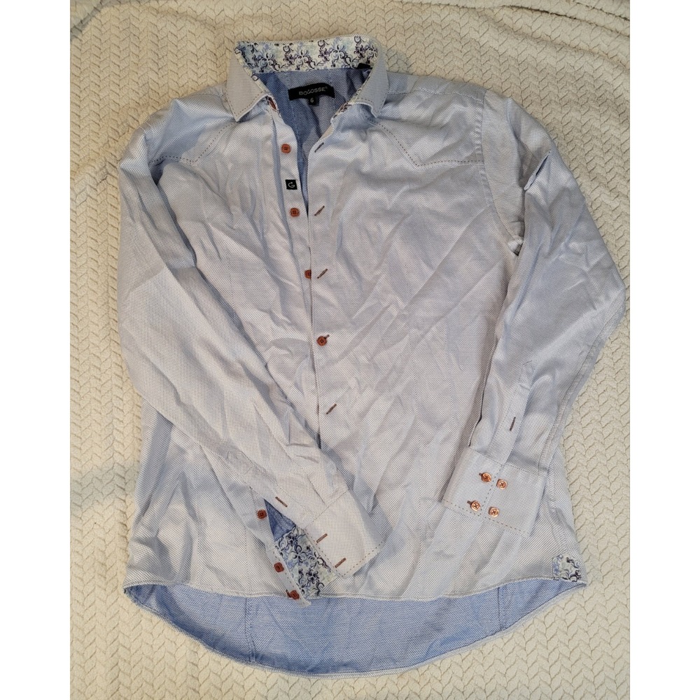 Bogosse Button Down Shirt Size 6 Blue Excellent Floral Trim Orange Buttons